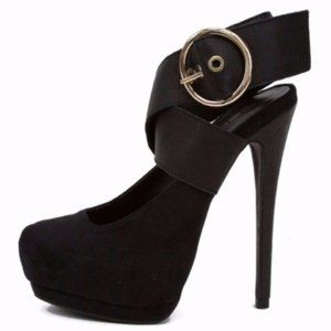 Bebe Audryan Black Platform Heels Size 8.5 Closed Toe Buckle Pumps Suede 5.5"